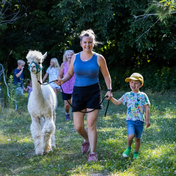 A Tapestry Acres host and guest walking with an alpaca and child